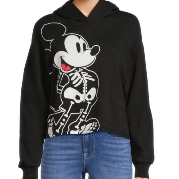 DISNEY Mickey Mouse Skeleton Cropped Hoodie Juniors Size XL Black Sweatshirt NWT - Picture 1 of 11